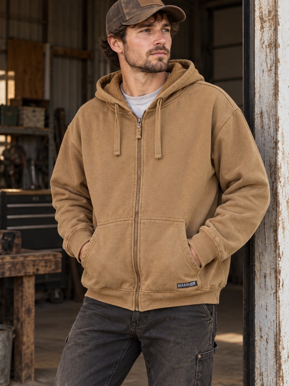 HAMMER Men’s Heavyweight Full Zip Hoodie Brown Fleece Workwear Sweatshirt L